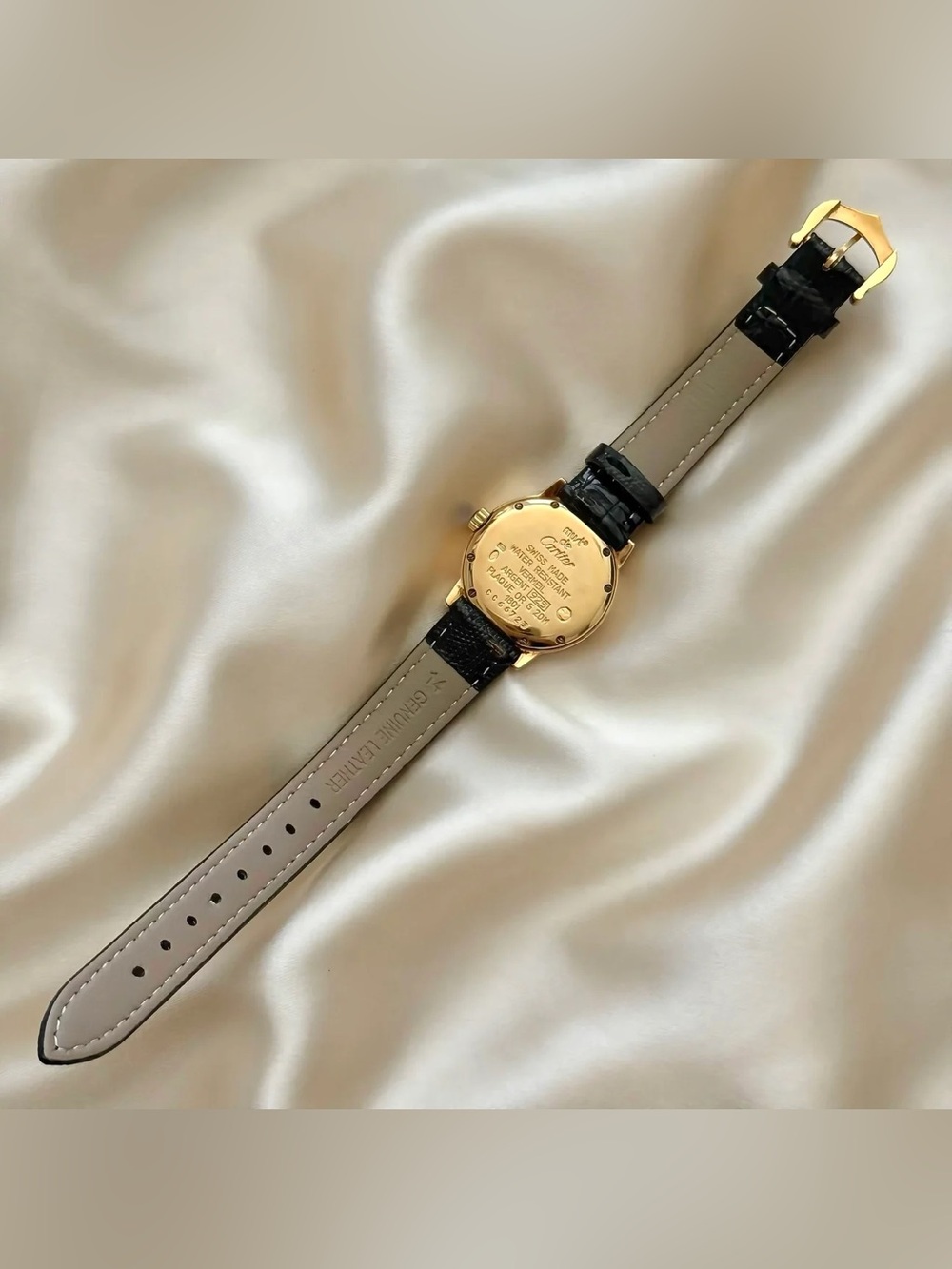AUTHENTIC VINTAGE CARTIER BLACK LEATHER WATCH - WITH BOX - Picture 7 of 8